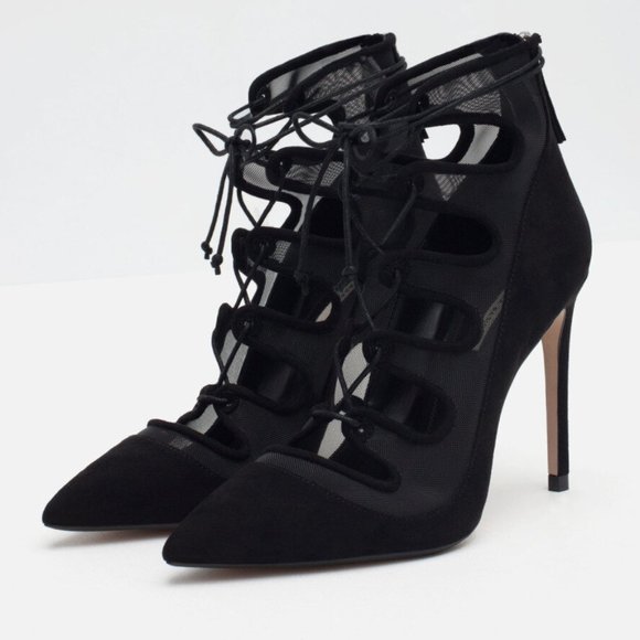 ZARA net mesh lace up booties heels shoes NWT BLACK 36 RT$90 size 6 - Picture 3 of 7